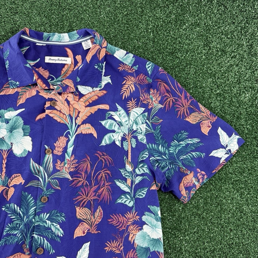 Tommy Bahama Shirt Men's Camp Hawaiian Aloha Button Size Large Blue Floral Silk